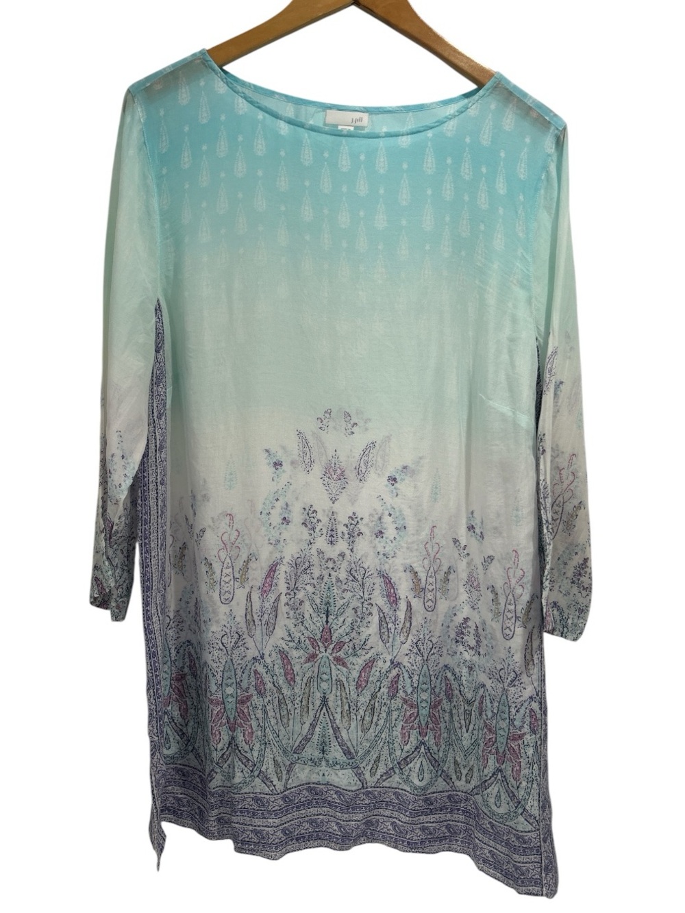 J. Jill Tencel Lyocell Ombre Paisley Border Print Tunic Top in Aqua Blue Paisley